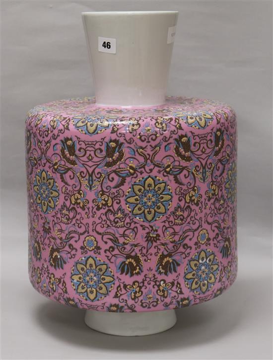 A large cylindrical pink ground vase, signed Eric Robin H.52cm.